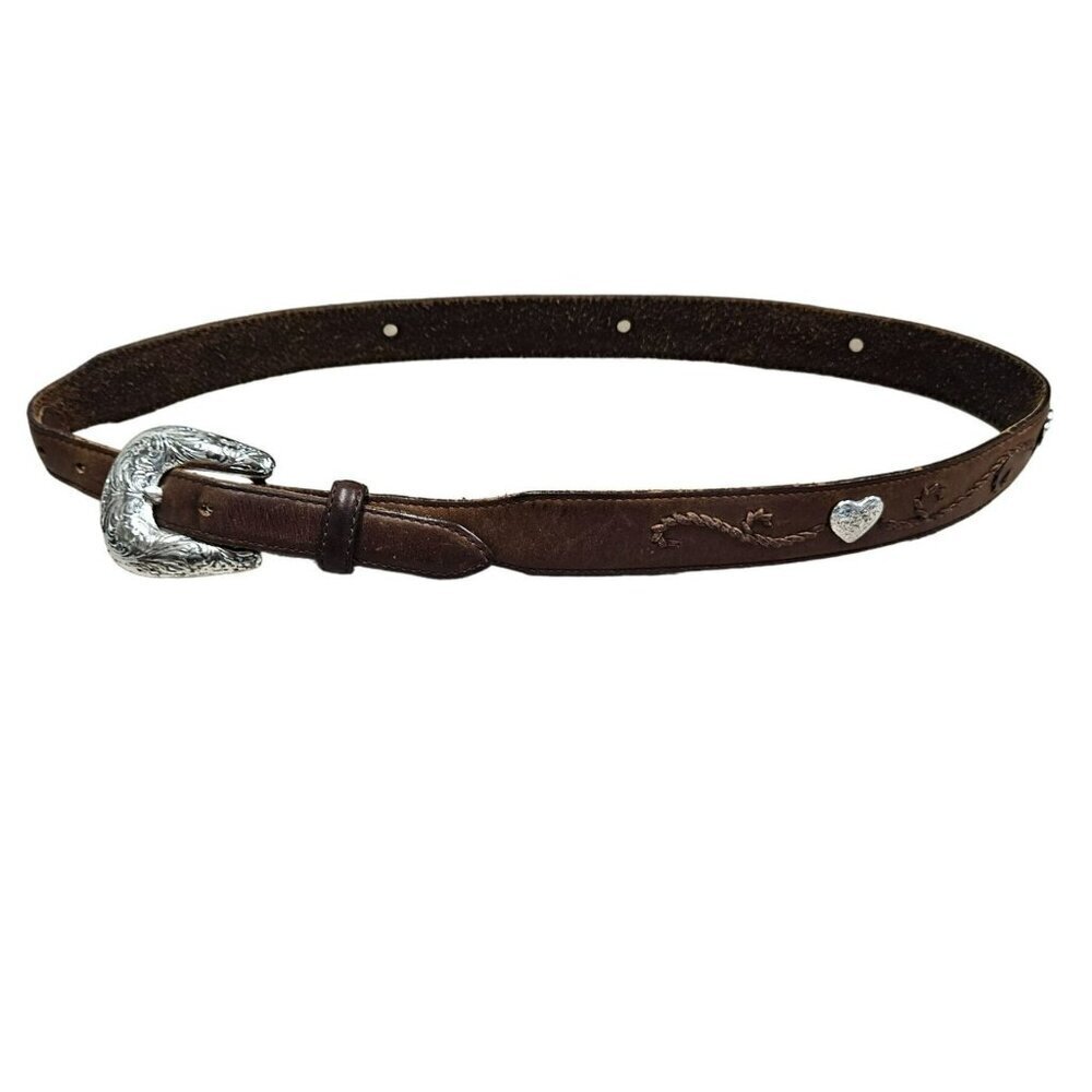 Tony Lama Rustic Leather Belt Embossed Heart Concho Accents Silver Buckle sz 30
